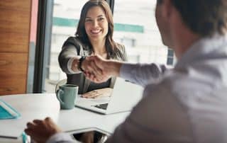 business people, handshake and welcome for tech meeting, partnership deal and employee collaboration. hello, thank you and corporate workers shaking hands for teamwork, onboarding or b2b interview